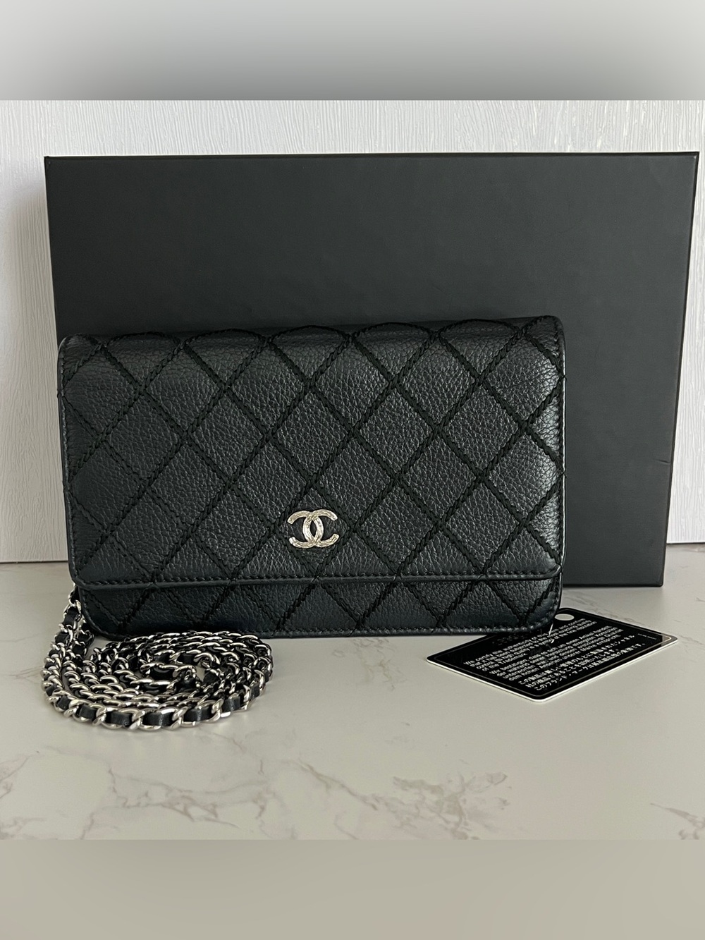 Chanel Black Calfskin Wild Stitch Wallet on Chain WOC with Silver Tone Hardware